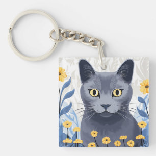 Porte-clefs Chat Bleu Russe Fleurs Jaunes