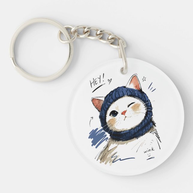 Porte-clefs Chat clignant avec une écharpe tricotée confortabl (Devant)