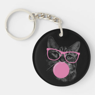 Porte-clefs Chat cool avec lunettes roses et gomme à bulles