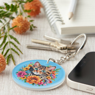 Porte-clefs Chat dans une guirlande florale colorée