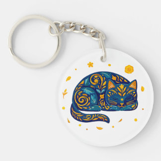 Porte-clefs Chat d'art populaire en bleu