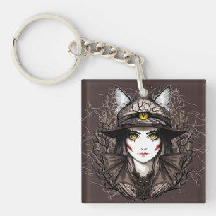 Porte-clefs Chat de sorcière Halloween Déplaisant Portrait mig