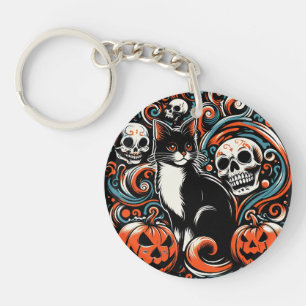 Porte-clefs Chat d'Halloween avec Citrouilles