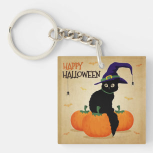 Porte-clefs Chat d'Halloween vintage et Citrouilles   Porte-cl