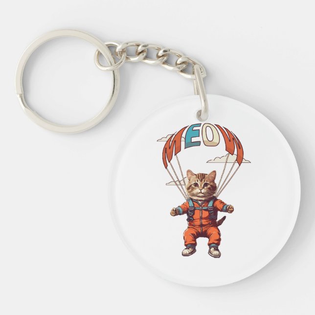 Porte-clefs Chat drôle de parachutisme (Devant)