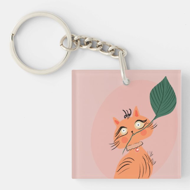 Porte-clefs Chat drôle plante feuille dessin animé (Devant)
