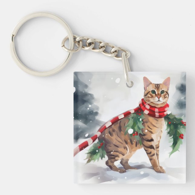 Porte-clefs Chat du Bengale à Noël de neige (Devant)