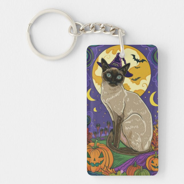 Porte-clefs Chat éffrayant Siamese Halloween sorcière et Citro (Devant)