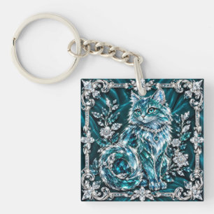 Porte-clefs Chat en cristal de turquoise de luxe   Cadre en ar