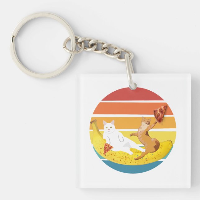 Porte-clefs Chat équitation banane et tenant pizza rétro (Devant)