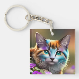 Porte-clefs chat et fleurs bleu et rouille calico