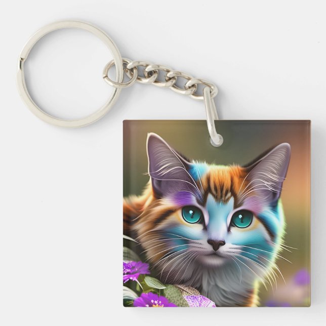 Porte-clefs chat et fleurs bleu et rouille calico (Devant)
