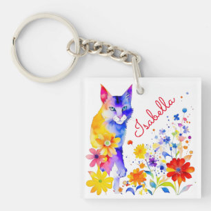 Porte-clefs Chat et fleurs d'aquarelle personnalisée