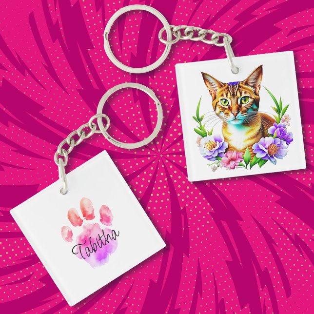 Porte-clefs Chat et fleurs d'aquarelle personnalisée (Créateur téléchargé)