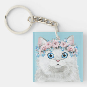 Porte-clefs Chat floral blanc doux