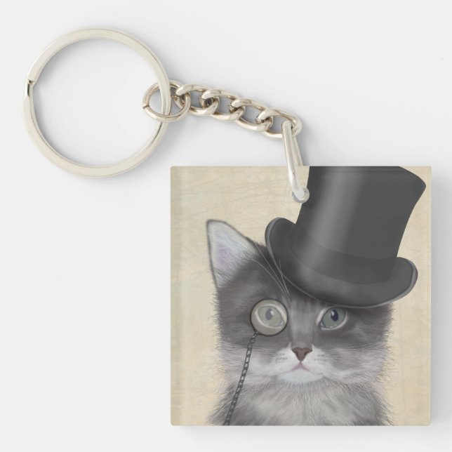 Porte-clefs Chat gris avec chapeau supérieur (Devant)