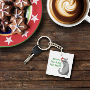 Porte-clefs Chat Gris Drôle Grognon Noël Humour Fêtes