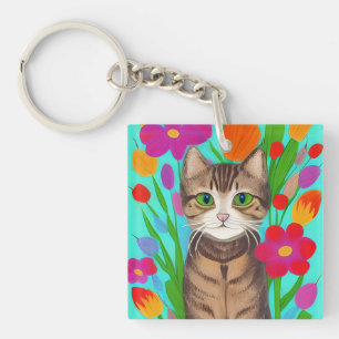 Porte-clefs Chat gris mignon personnalisé avec fleurs colorées