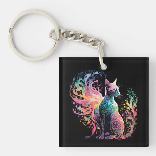 Porte-clefs Chat Holographique Spectral : Un Prisme d'Élégance (Devant)