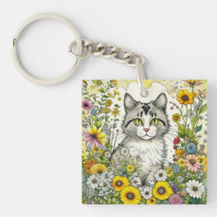 Porte-clefs Chat Kitty personnalisé assis en fleurs