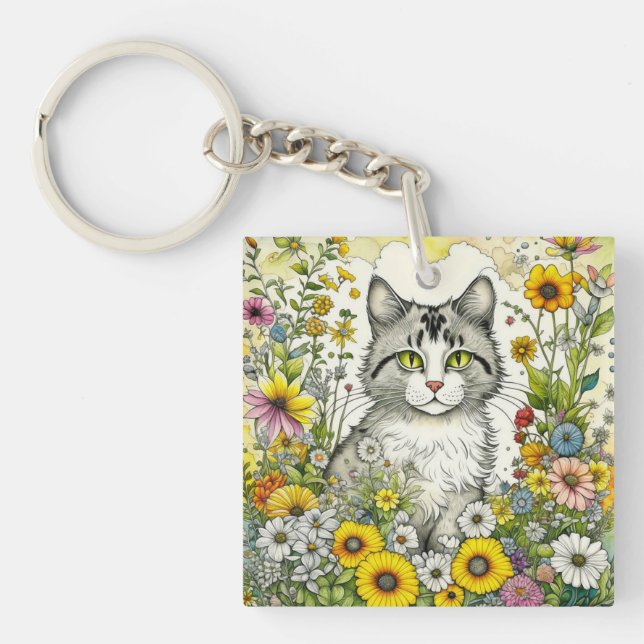 Porte-clefs Chat Kitty personnalisé assis en fleurs (Devant)