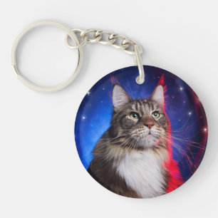 Porte-clefs Chat Maine Coon Avec Aura Bleu Rouge Blanc Et Étoi