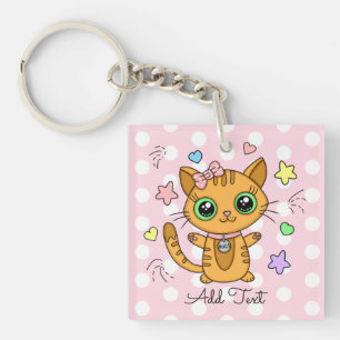 Porte-clefs Chat mignon orange Kitty rose Polka point