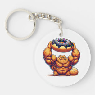 Porte-clefs Chat Musclé qui Soulève un Beignet