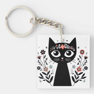 Porte-clefs Chat noir aux grands yeux entouré de fleurs