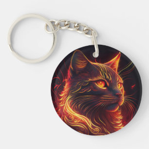 Porte-clefs Chat noir avec feu rouge et or Aura