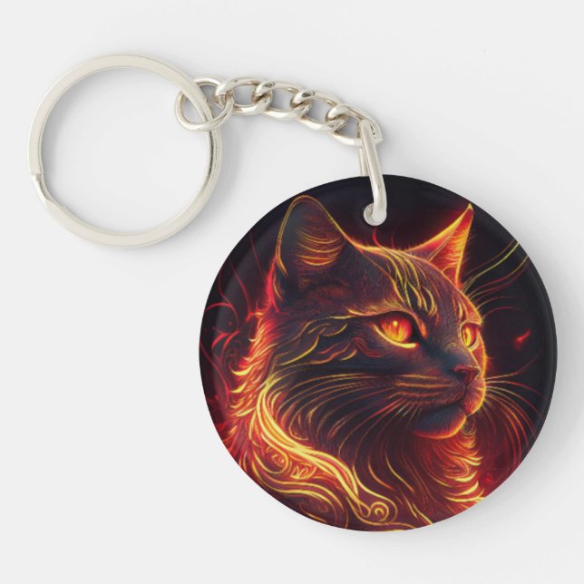 Porte-clefs Chat noir avec feu rouge et or Aura (Devant)