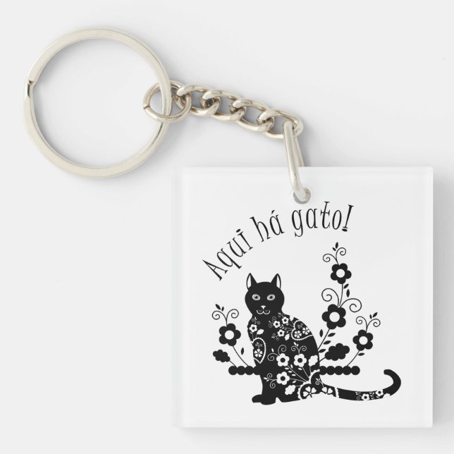Porte-clefs Chat noir avec fleurs et expression portugaise (Devant)