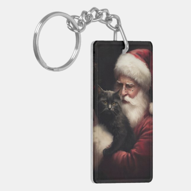 Porte-clefs Chat noir avec Noël Festif du Père Noël (Devant gauche)