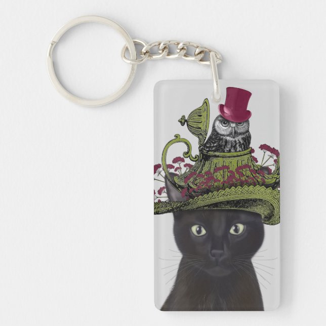 Porte-clefs Chat noir avec théière et hibou (Devant)