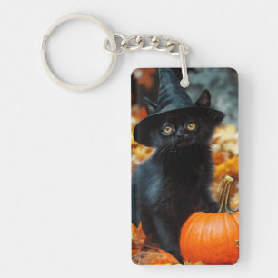 Porte-clefs Chat noir d'Halloween et Citrouille