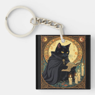 Porte-clefs Chat noir d'Halloween lisant un livre