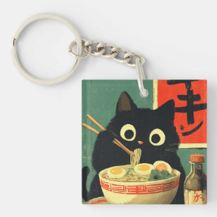 Porte-clefs Chat noir drôle mangeant du Ramen