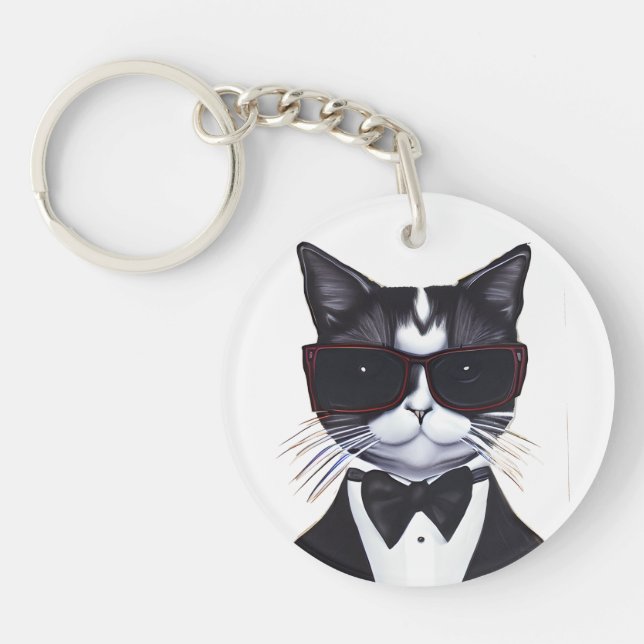 Porte-clefs Chat noir et blanc dans une Cravate Tuxedo et Bow (Devant)