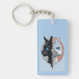 Porte-clefs Chat noir et blanc en portrait divisé avec des yeu