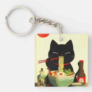 Porte-clefs Chat noir heureux mangeant du Ramen Ukiyo-e japo