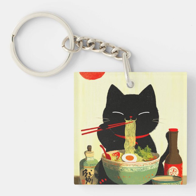 Porte-clefs Chat noir heureux mangeant du Ramen | Ukiyo-e japo (Devant)