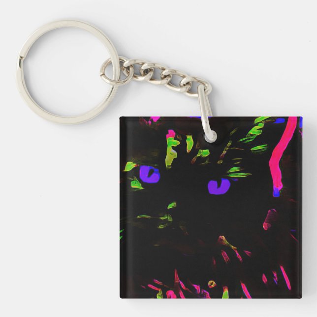 Porte-clefs Chat noir néon avec yeux brillants (Devant)