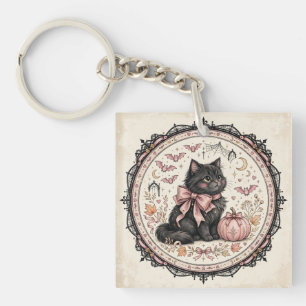 Porte-clefs Chat noir noeud papillon rose Halloween gothique C