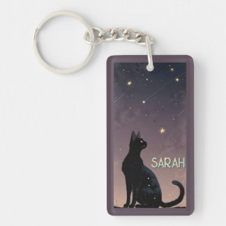Porte-clefs Chat noir nuit étoilée cadeau d'art félin céleste