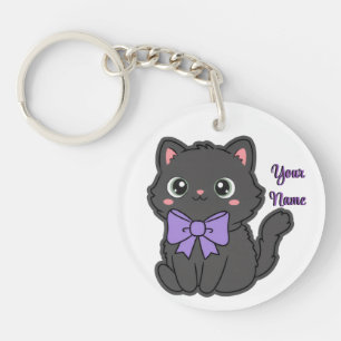 Porte-clefs Chat noir ruban violet mignon kawaii personnalisé 