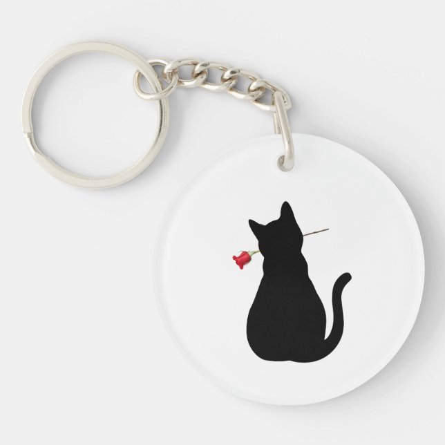 Porte-clefs Chat Noir Silhouette Rose Rouge NOM Amusant Animat (Devant)