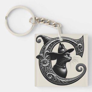 Porte-clefs Chat Noir Sorcière Lettre C Initiale Personnalisée