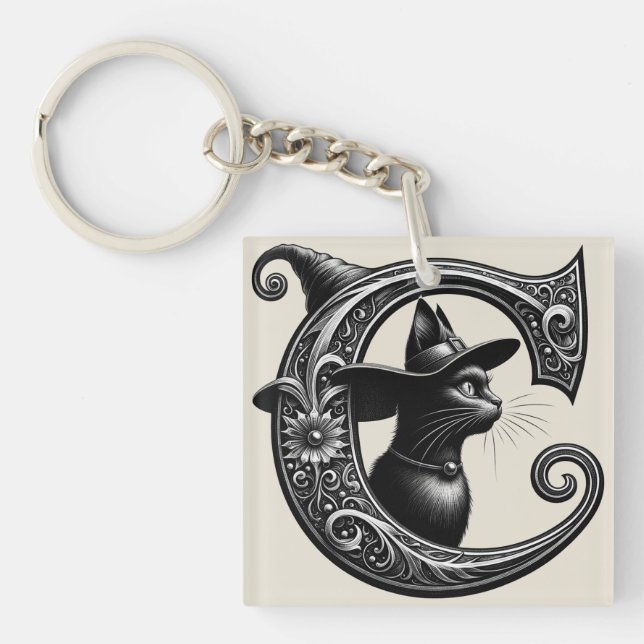 Porte-clefs Chat Noir Sorcière Lettre C Initiale Personnalisée (Devant)