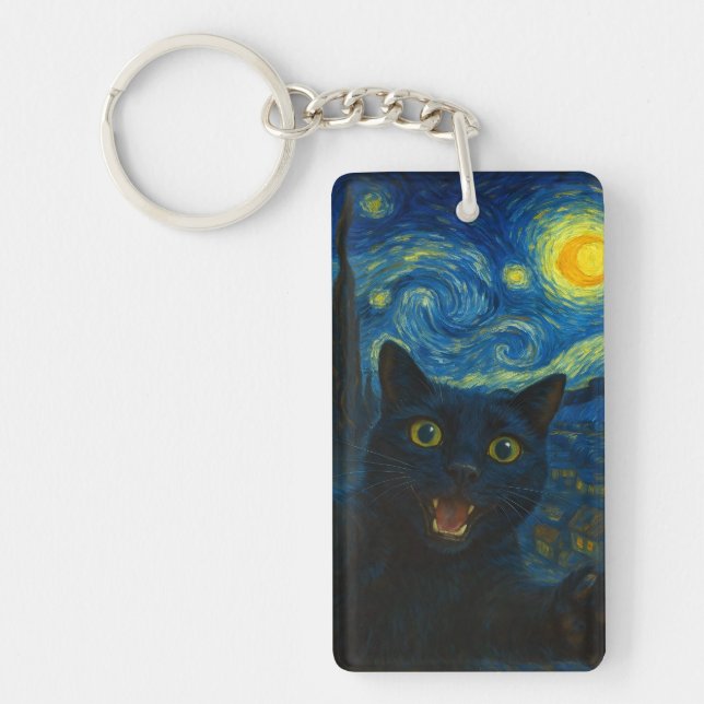 Porte-clefs Chat noir Starry Nuit Van Gogh Chat Selfie (Devant)