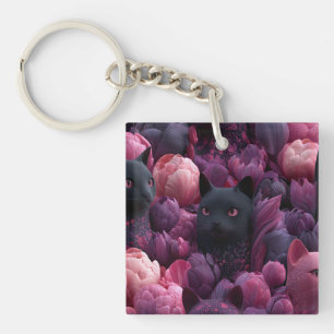 Porte-clefs Chat noir surréaliste et motif floral de pivoine r